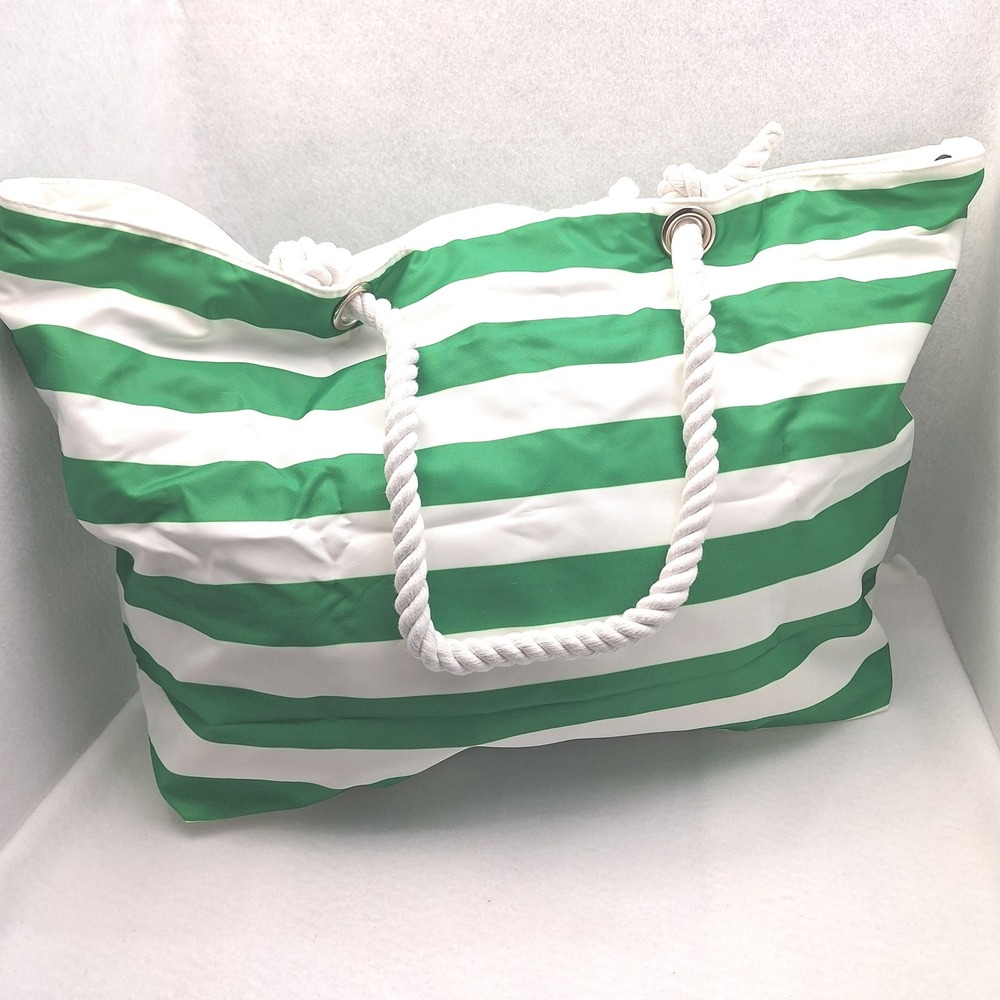 Bang & Carsen Tote Bag Large Green Striped Rope Handle Nautical Beach Resort - Picture 2 of 12